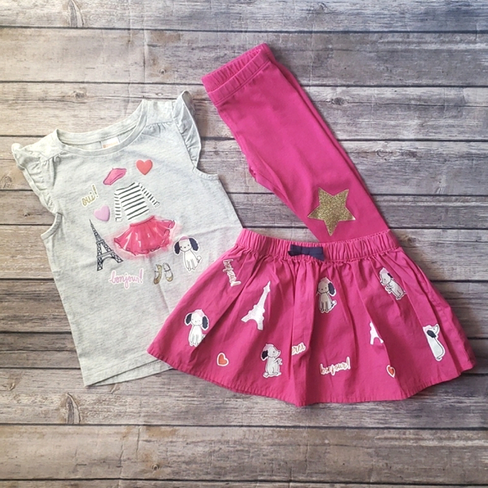 Euc Gymboree Toddler Girls Parisian Themed 3pc Top, Skirt And Leggings Set